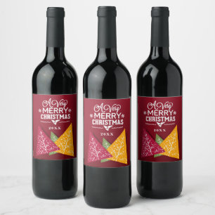 A Very Merry Christmas Stylised Trees Editable Wine Label