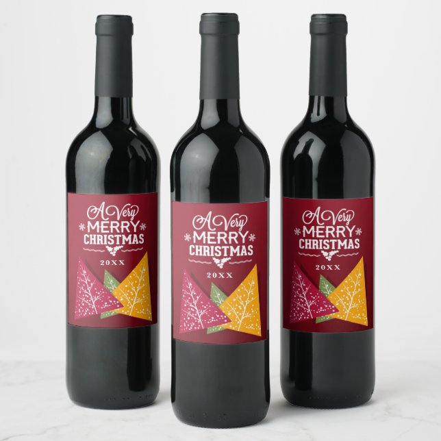 A Very Merry Christmas | Stylised Trees | Editable Wine Label (Bottles)