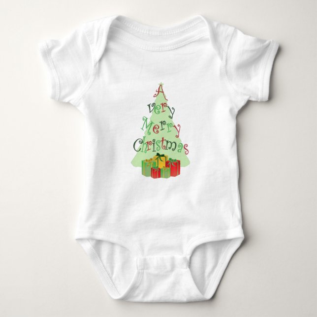 A Very Merry Christmas text with Tree and Presents Baby Bodysuit (Front)