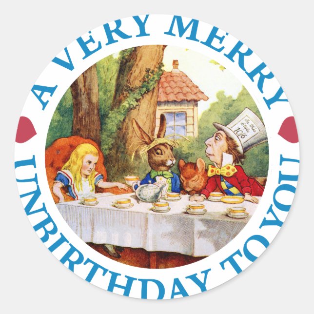A VERY MERRY UNBIRTHDAY TO YOU CLASSIC ROUND STICKER (Front)