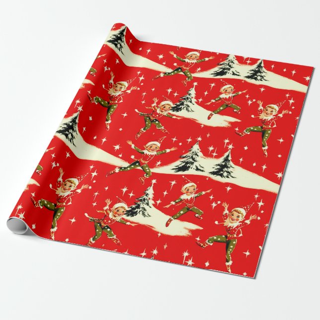 A Very Retro Merry & Bright Christmas Pixies Wrapping Paper (Unrolled)