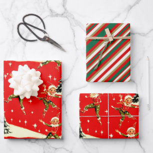 A Very Retro Merry & Bright Christmas Pixies Wrapping Paper Sheet