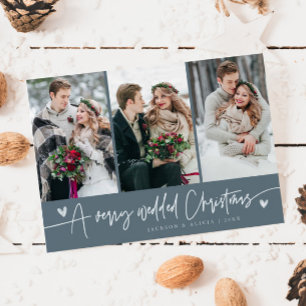 A Very Wedded Christmas Newlywed Photo Slate Blue Holiday Card
