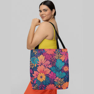 A vibrant and colourful floral pattern tote bag
