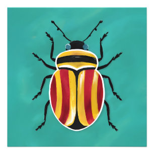 A vibrant beetle with red, yellow, and black strip photo print