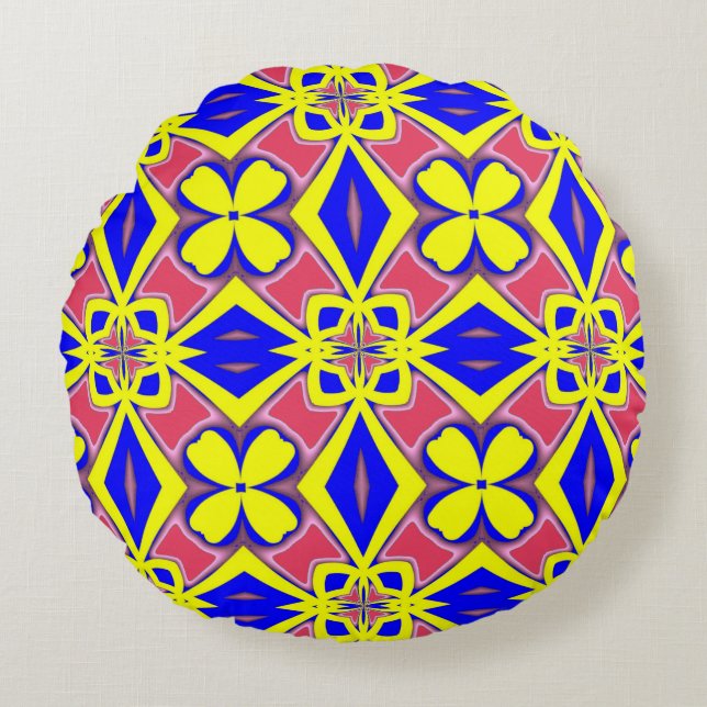 A vibrant colourful classic fabric pattern design round cushion (Front)