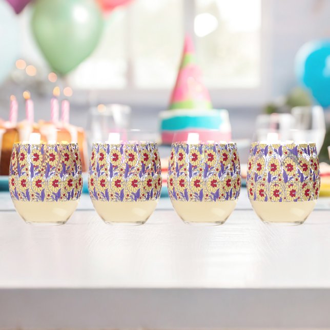 A vibrant design featuring yellow and orange creat stemless wine glass (Insitu (Birthday))