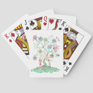 A vibrant drawing depicts a fantasy tree playing cards