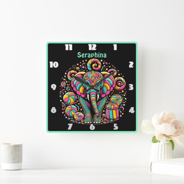 A vibrant elephant surrounded by colourful sweets square wall clock (Home)