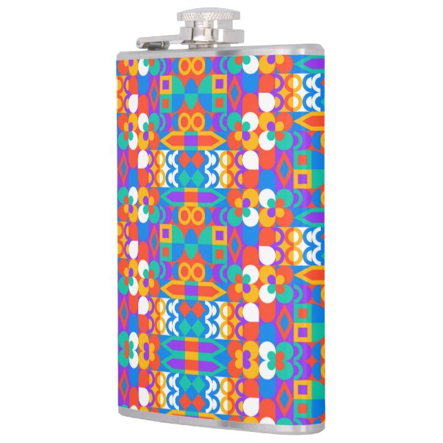 A vibrant flask featuring a colorful geometric  (Left)