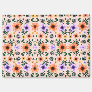A vibrant floral pattern features orange magnet