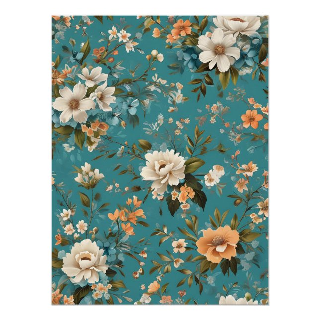 A Vibrant Floral Pattern on a Teal Background Poster (Front)