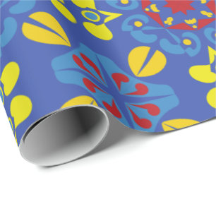 A vibrant geometric pattern with red floral motifs wrapping paper