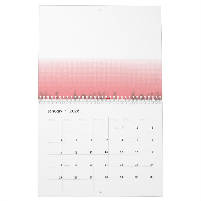 A vibrant graphic design features a red, patterned calendar (Jan 2026)