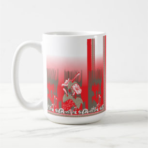 A vibrant graphic design features a red, patterned coffee mug