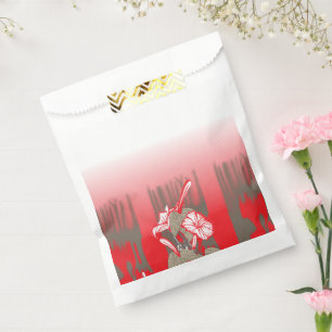 A vibrant graphic design features a red, patterned favour bag