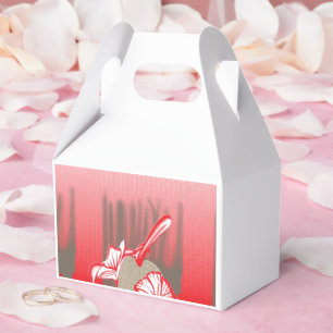 A vibrant graphic design features a red, patterned favour box