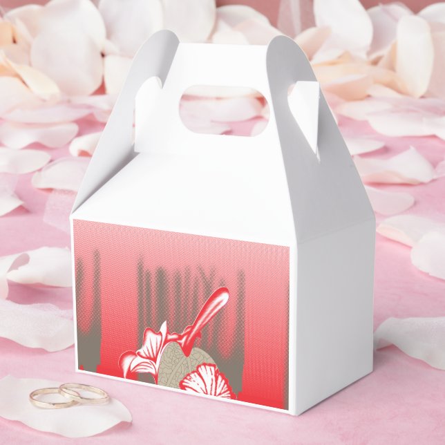A vibrant graphic design features a red, patterned favour box (Wedding)