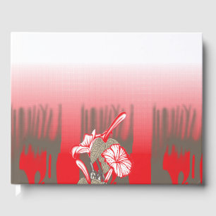 A vibrant graphic design features a red, patterned guest book