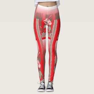 A vibrant graphic design features a red, patterned leggings