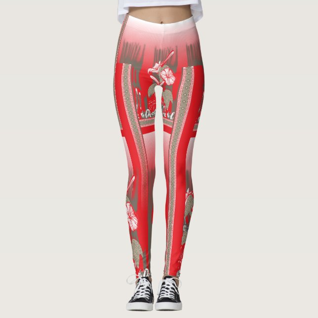 A vibrant graphic design features a red, patterned leggings (Front)