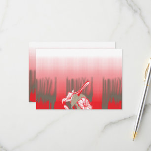 A vibrant graphic design features a red, patterned RSVP card