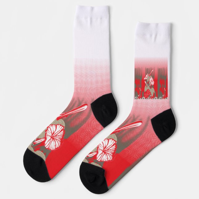 A vibrant graphic design features a red, patterned socks (Left)