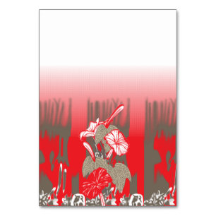 A vibrant graphic design features a red, patterned table number