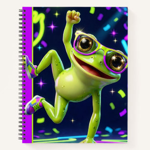 A vibrant green cartoon frog with a wide smile notebook