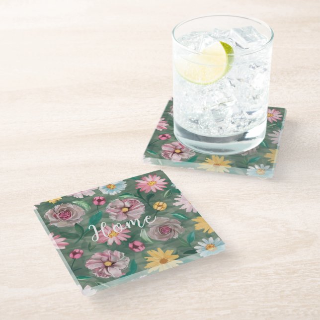 A vibrant green flowers pattern - Home Glass Coaster (Angled)