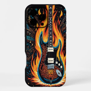 A vibrant guitar on fire in a passionate display iPhone 16 pro max case