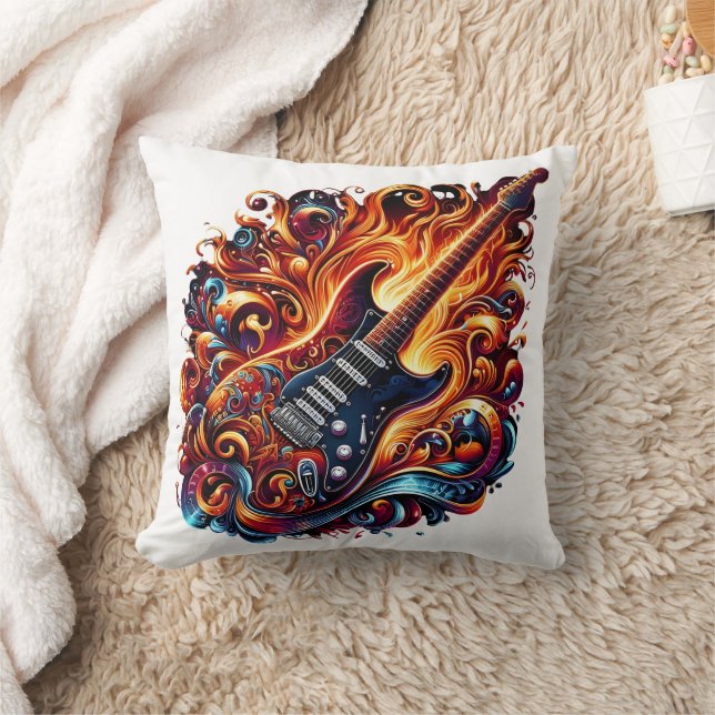 A vibrant guitar surrounded by swirling flames cushion (Blanket)