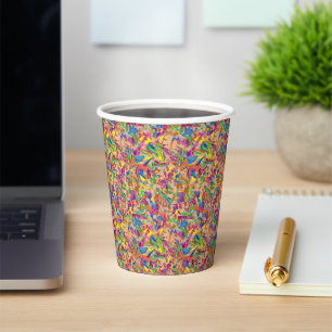 A vibrant modern art piece featuring a pink and mu paper cups