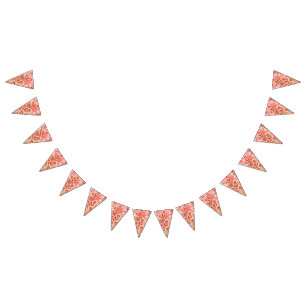 A vibrant red and peach textile design featuring f bunting