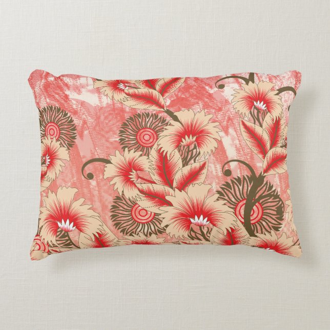 A vibrant red and peach textile design featuring f decorative cushion (Front)