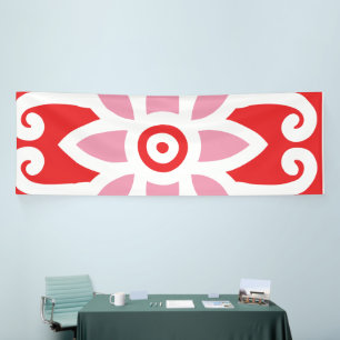 A vibrant red and white design featuring a delicat banner