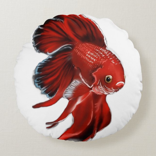 A vibrant red betta fish swimming. round cushion (Front)