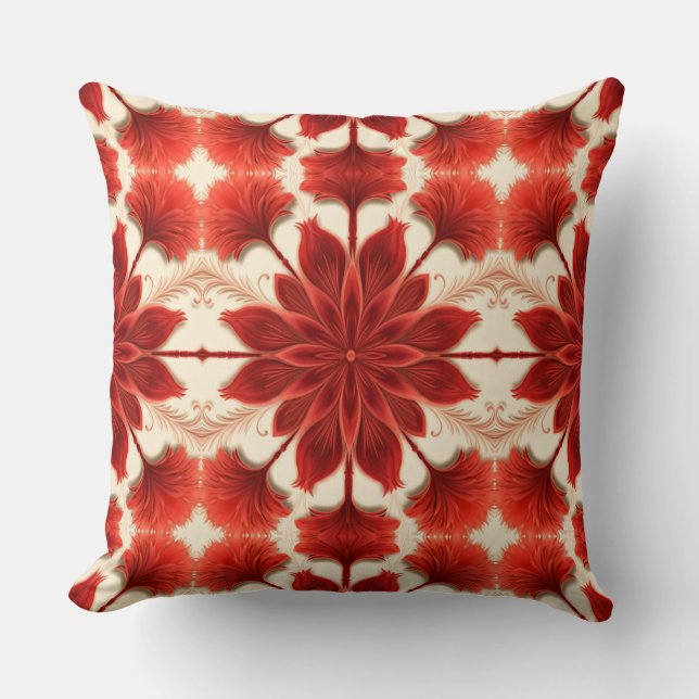 A vibrant red floral fabric pattern design  throw cushion (Front)