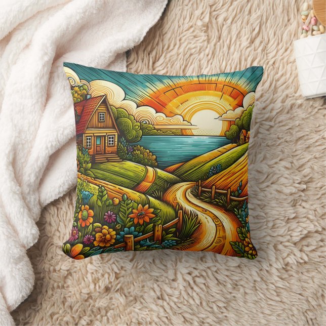 A vibrant sunset over a tranquil countryside cushion (Blanket)