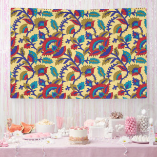 A vibrant textile art piece featuring bold red, ye banner