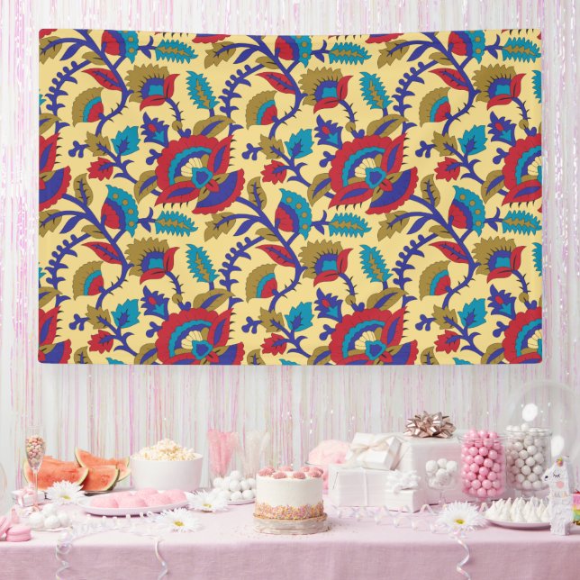 A vibrant textile art piece featuring bold red, ye banner (Party)