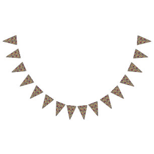 A vibrant textile art piece featuring bold red, ye bunting 