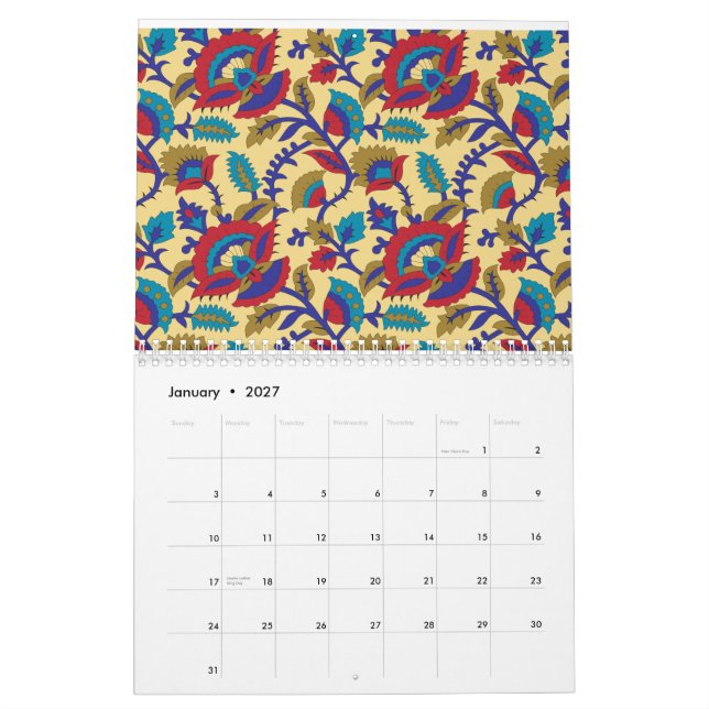 A vibrant textile art piece featuring bold red, ye calendar (Jan 2027)