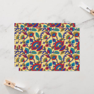 A vibrant textile art piece featuring bold red, ye invitation