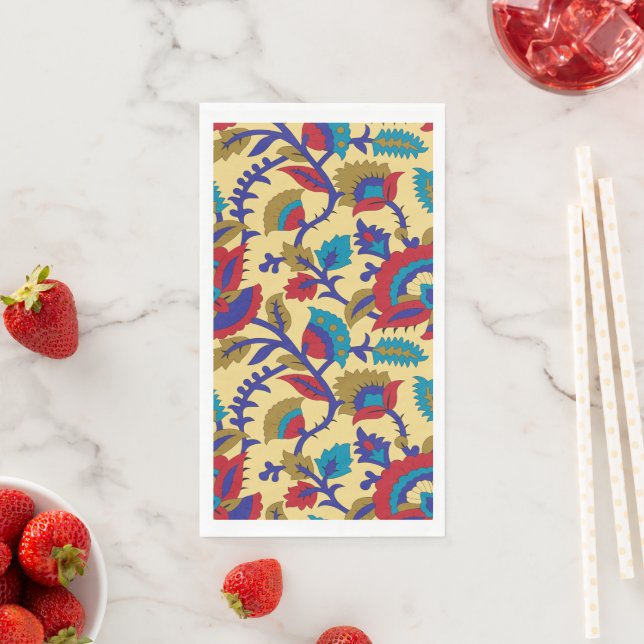 A vibrant textile art piece featuring bold red, ye napkin (Insitu)