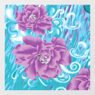 A vibrant textile design featuring purple and turq