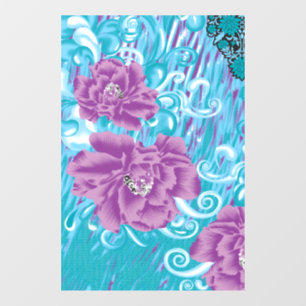 A vibrant textile design featuring purple and turq
