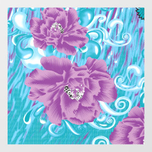 A vibrant textile design featuring purple and turq