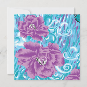 A vibrant textile design featuring purple and turq