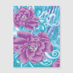 A vibrant textile design featuring purple and turq